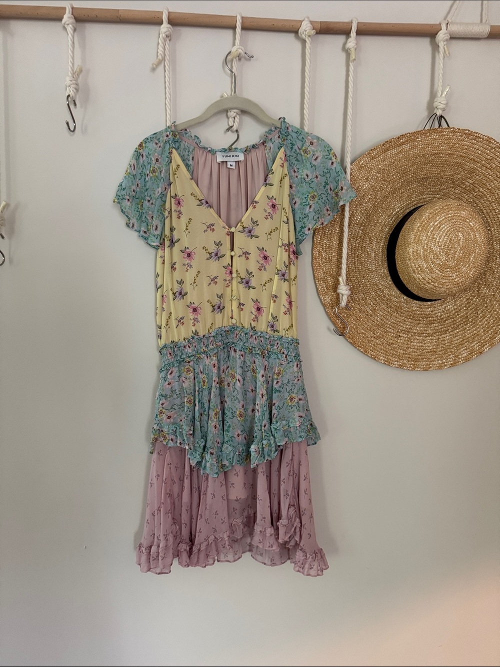 Yumi Kim Pastel Floral Patchwork Mini Dress - Yellow, Mint, Dusty Pink